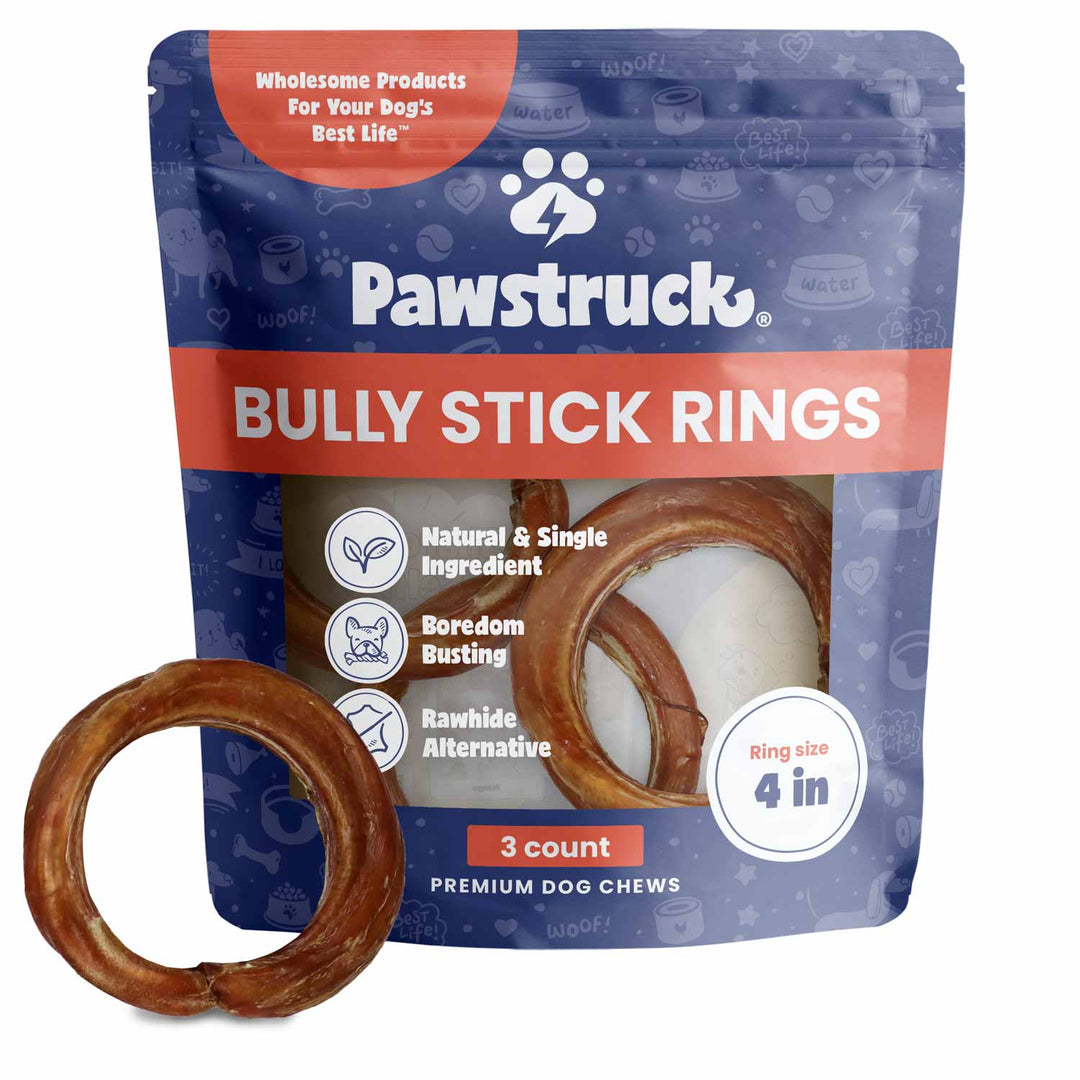 Product image of the Pawstruck 4" Bully Stick Rings - 3 count pack. Beef pizzle. Best Bully Sticks for dogs