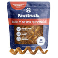 Packaging of Pawstruck Bully Stick Springs with three count visible through the clear window. The package is blue with product images and information.