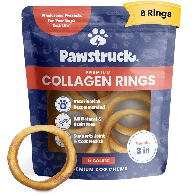 Blue bag with red writing full of Beef Collagen Rings for dogs.