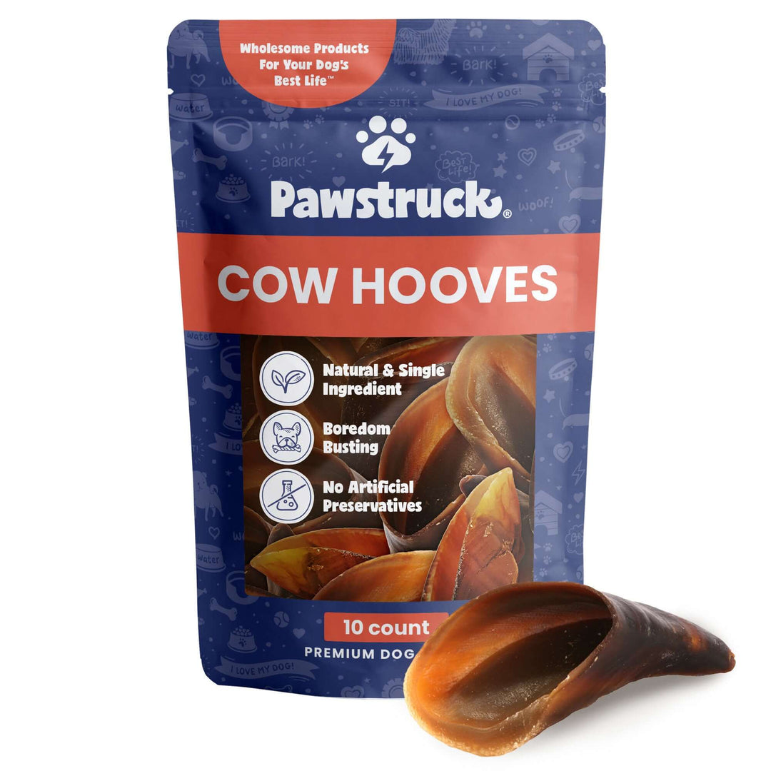 A package of Pawstruck cow hooves for dogs with one hoof visible, showing a dried, natural dog chew treat.