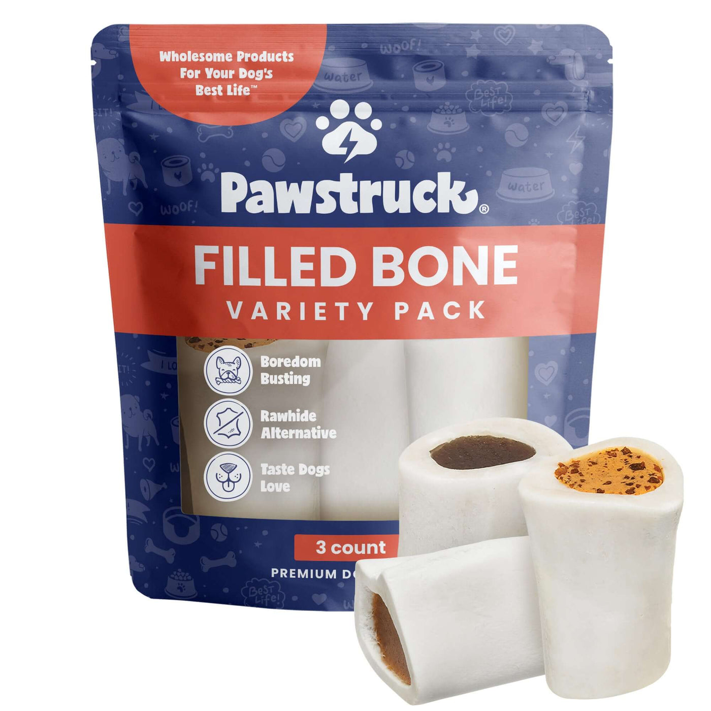 Pawstruck filled bone variety pack dog treats in blue and orange packaging with three white bones displayed, showing different flavored fillings inside.