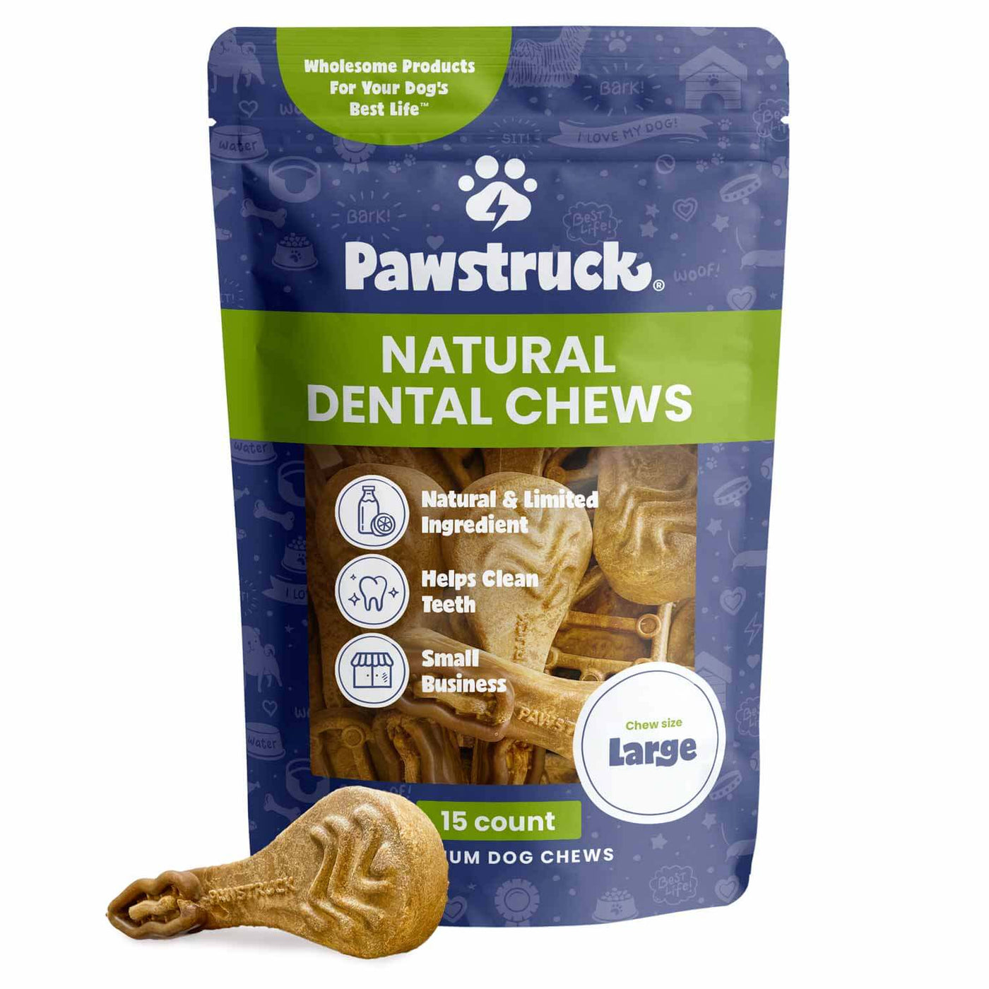 Image of large pack of Pawstruck Daily Dental Chew Brush containing 15 chew brushes