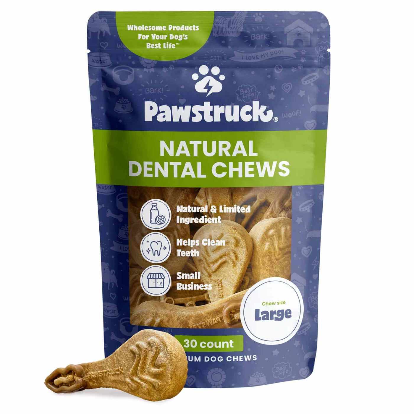 Image of large pack of Pawstruck Daily Dental Chew Brush containing 30 chew brushes