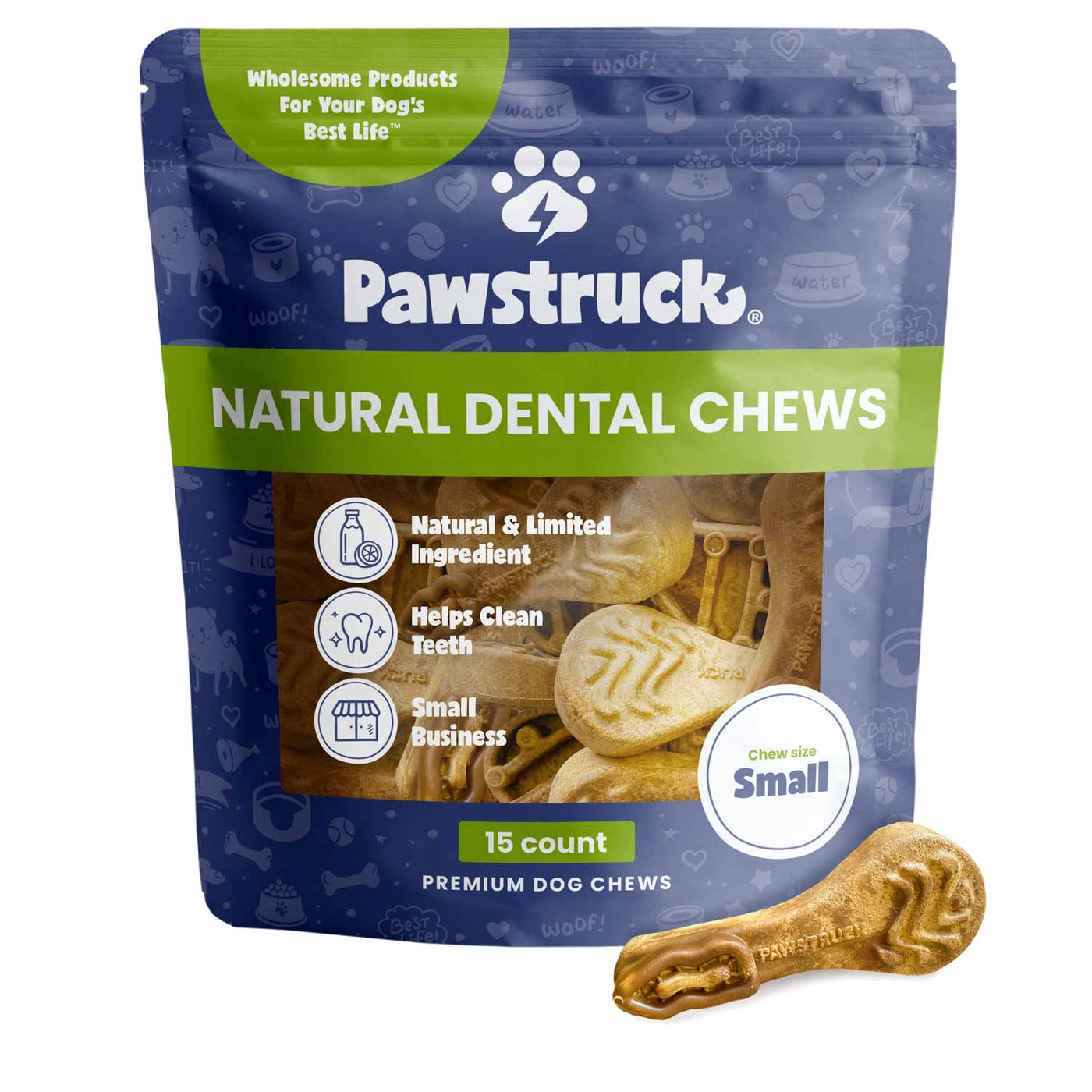Image of small pack of Pawstruck Daily Dental Chew Brush containing 15 chew brushes