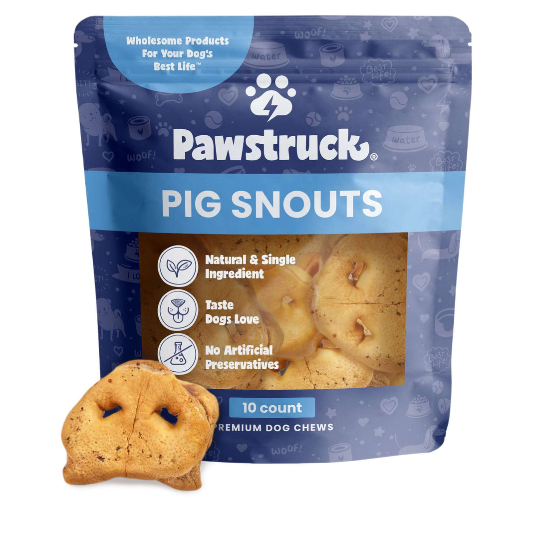 A package of Pawstruck Pig Snouts dog treats with a transparent section showing the treat inside. The package is labeled as having 10 counts, natural & single ingredient, taste dogs love, with no artificial preservatives.