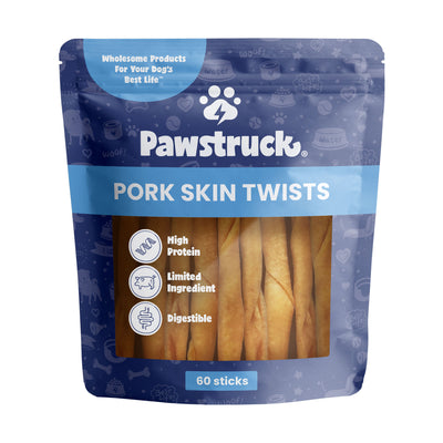 Blue bag with Pawstruck Pork Twists for dogs inside
