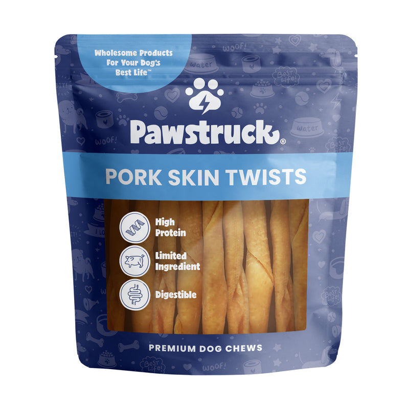 Blue bag with Pawstruck Pork Twists for dogs inside