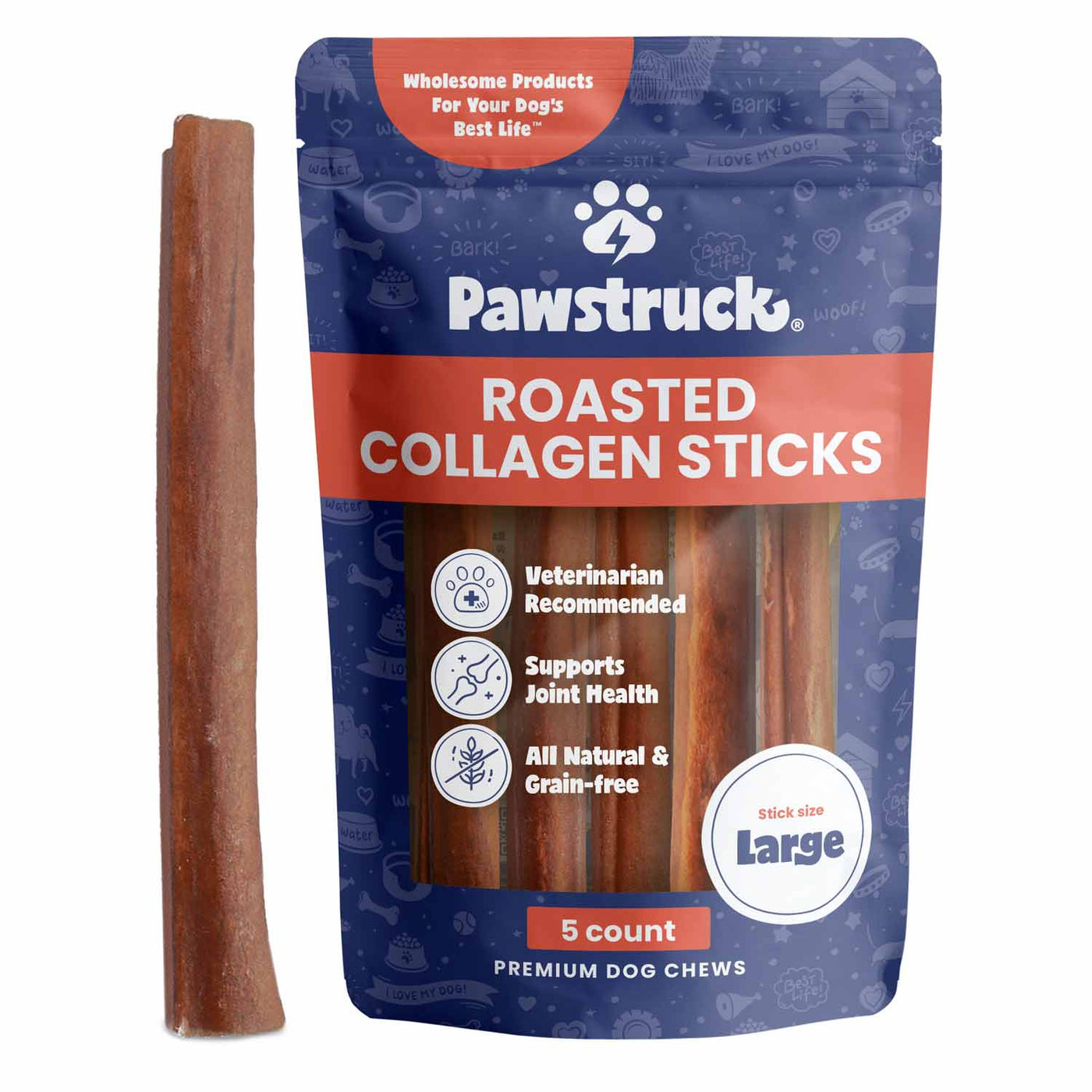 Package of Pawstruck Roasted Collagen Sticks, all natural large dog chews for dental health and joint support, featuring 5 sticks. Best Collagen Chews for Dogs. Best Collagen Sticks.
