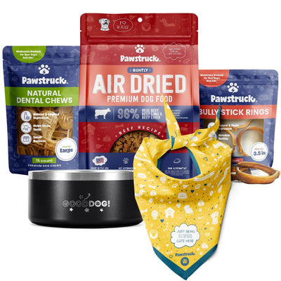 An image of the products included in the value pack: Air Dried Beef Recipe Dog Food, Bandana, Good Dog Bowl, Daily Dental Brushes, Bully Stick Rings