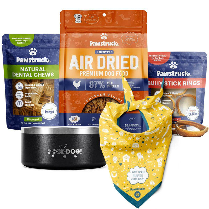 An image of the products included in the value pack: Air Dried Chicken Recipe Dog Food, Bandana, Good Dog Bowl, Daily Dental Brushes, Bully Stick Rings