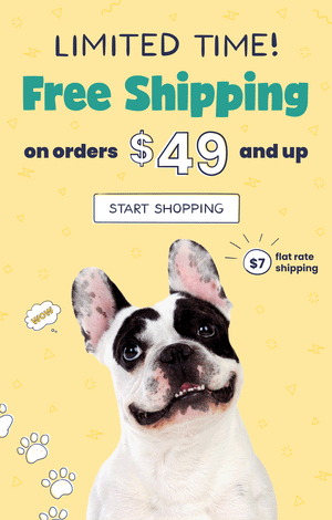 Photo of cute dog with text: LIMITED TIME! Free Shipping on orders $49 and up. START SHOPPING button.