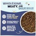 Dog food with text highlighting ingredients and benefits on a blue background