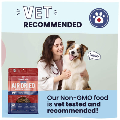 Text with vet recommendation and an image of a vet and dog