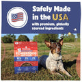 Dog food package with a dog sitting in a field, featuring text about safety and ingredients.