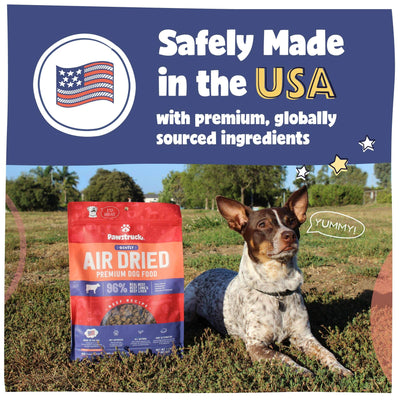 Safely made in USA with globally sourced ingredients text with brown and white dog and dog food outside