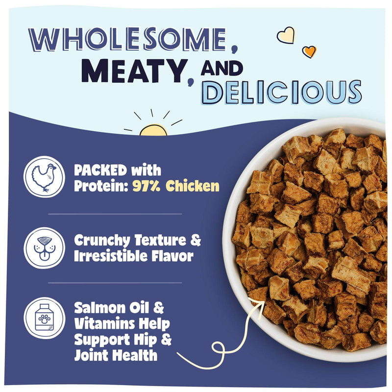 Text: Wholesome, meaty, and delicious. Packed with protein: 97% chicken. Crunchy Texture & Irresistible Flavor. Salmon Oil & vitamins help support hip & joint health. 