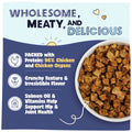 Dog food packaging with text highlighting ingredients and benefits on a blue background