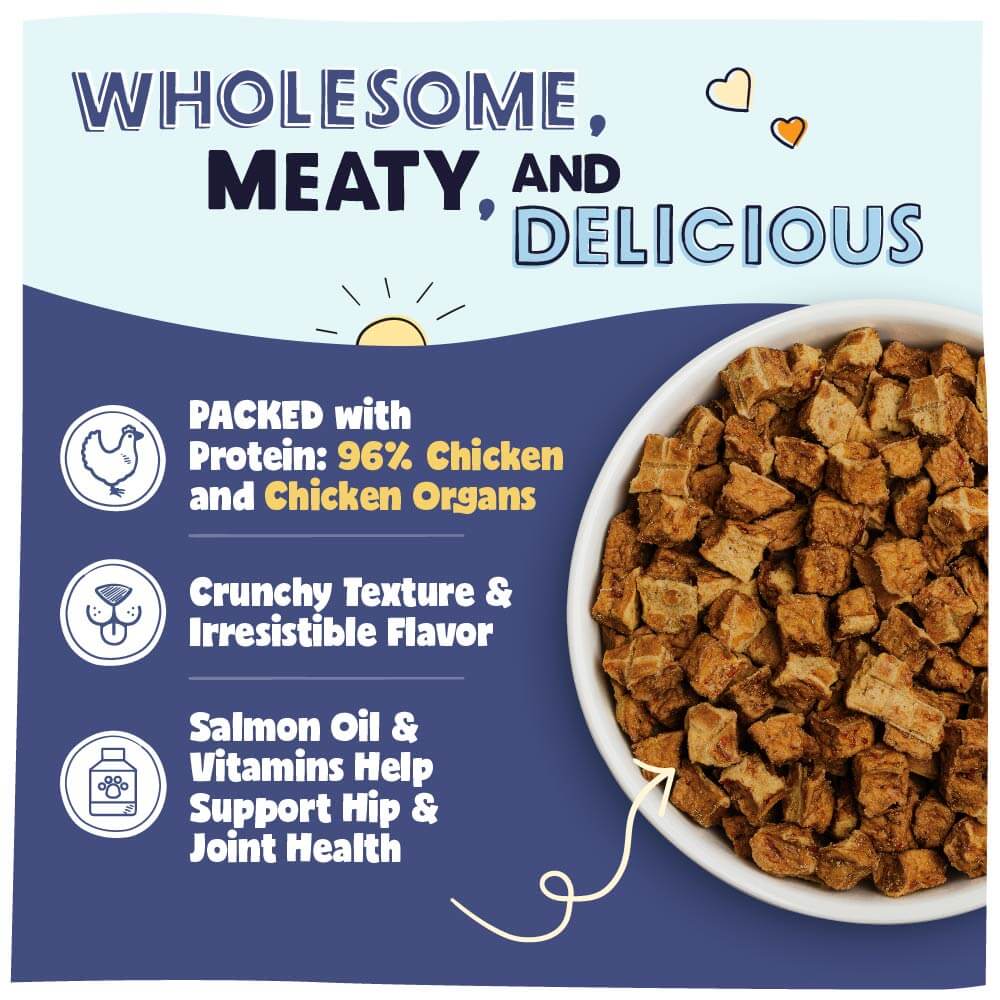 Dog food packaging with text highlighting ingredients and benefits on a blue background