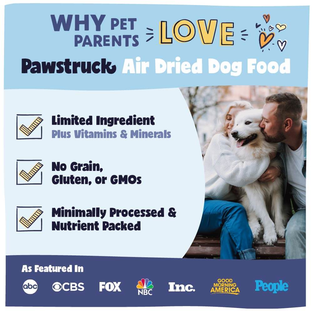 Advertisement for Pawstruck Air Dried Dog Food featuring a couple with a dog.