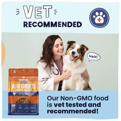 A graphic stating vet tested and recommended and non-GMO with an image of an Australian shepherd and a veterinarian 