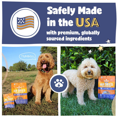 Image of two fluffy dogs outside next to Air Dried Dog Food chicken flavor with a stamp saying Made in the USA with globally sourced ingredients.