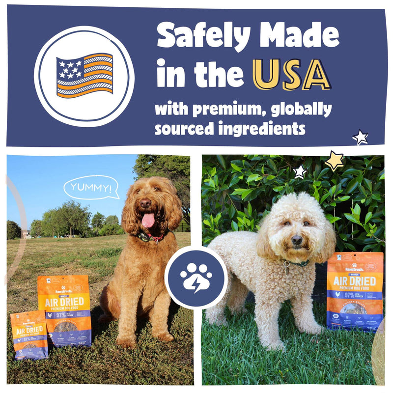 Image of two fluffy dogs outside next to Air Dried Dog Food chicken flavor with a stamp saying Made in the USA with globally sourced ingredients.
