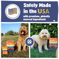 Two dogs with bags of dog food outdoors, featuring text about safely made in the USA with globally sourced ingredients.