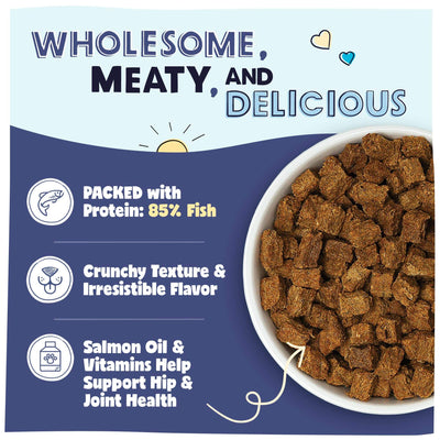 An image of the food stating it is made with 85% fish, salmon oil and vitamins and minerals to support hip and joint health with a crunchy flavor dogs love