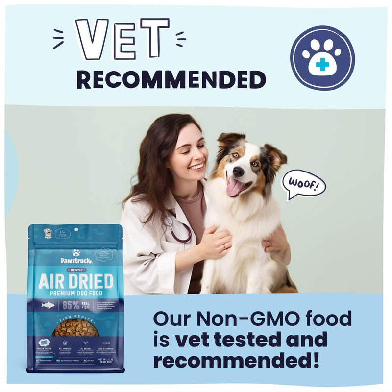 Image of veterinarian and shepherd stating vet approved and tested. Non GMO