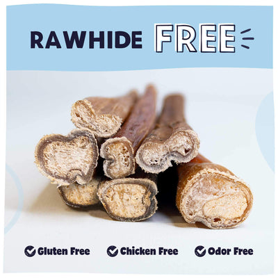 Rawhide, gluten, chicken and odor free bully sticks