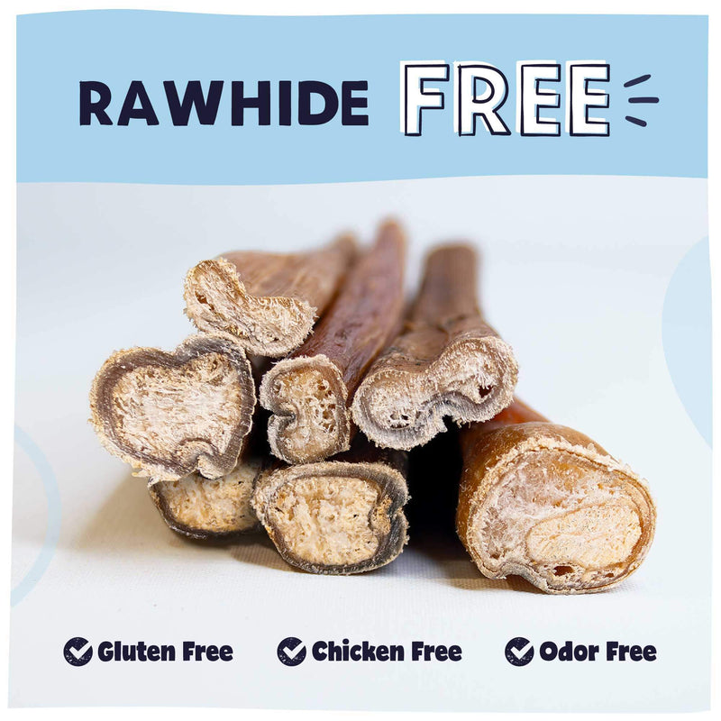 Rawhide, gluten, chicken and odor free bully sticks