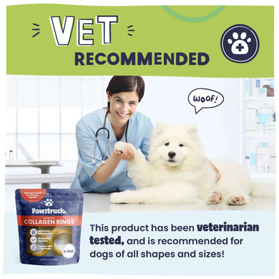 An image with a veterinarian and a white dog stating these are vet approved.