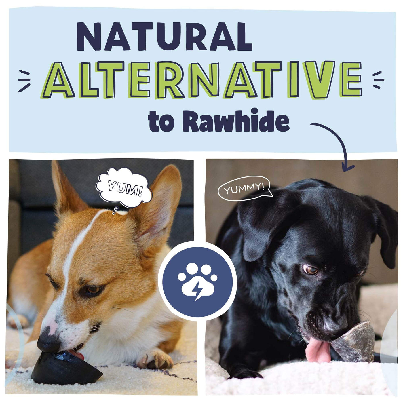 Advertisement with 2 dogs licking cow hooves expressing its a natural alternative to rawhide