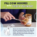 Advertisement with cow hooves and a person filling it with their own peanut butter