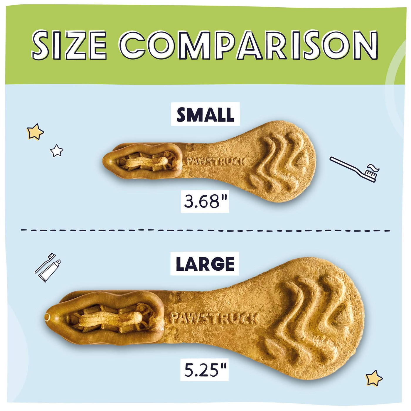 Size comparison for the Pawstruck Daily Dental Chew Brush