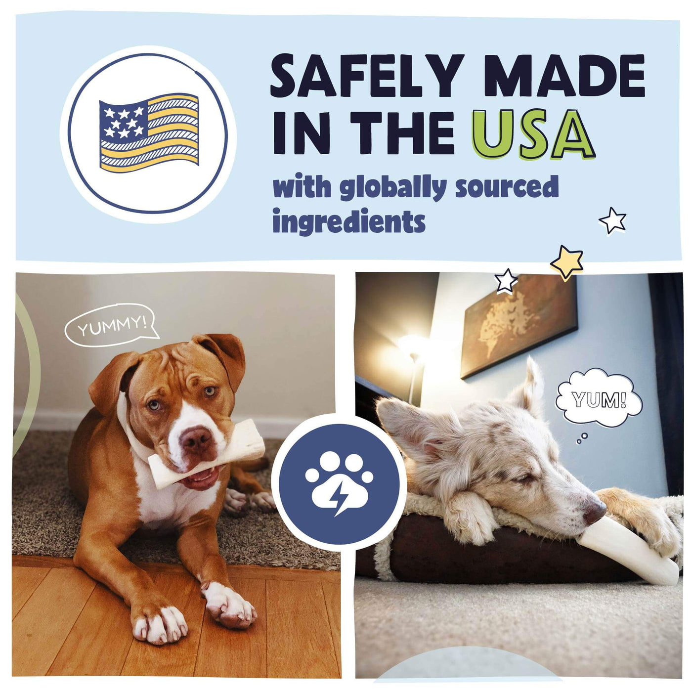 two dogs with filled bones with text 'safely made in the USA'