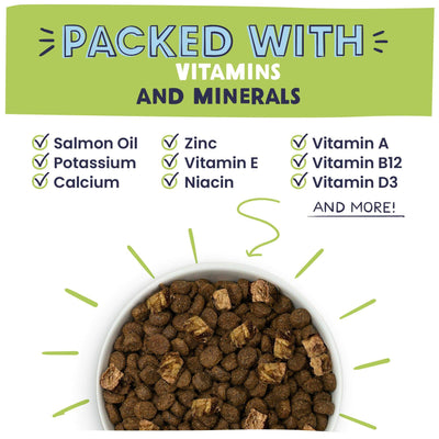 Packed with vitamins and minerals. Salmon oil, potassium, calcium, zinc, vitamin E, niacin, Vitamin A, Vitamin B12, Vitamin D3, and more