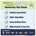 Promotional graphic for Pawstruck Yak Chews highlighting features like limited ingredient, digestibility, and protein content.