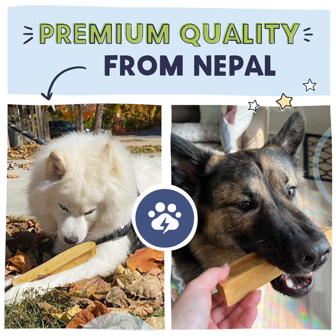 Two dogs interacting with a wooden chew toy, with text 'Premium Quality from Nepal' above.