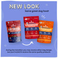 Air Dried Dog Food Trial Pack - Pawstruck dog food packages with a blue background and text about new packaging design.