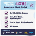 Advertisement for Pawstruck Ruff Relief with certification details and media outlets featured.