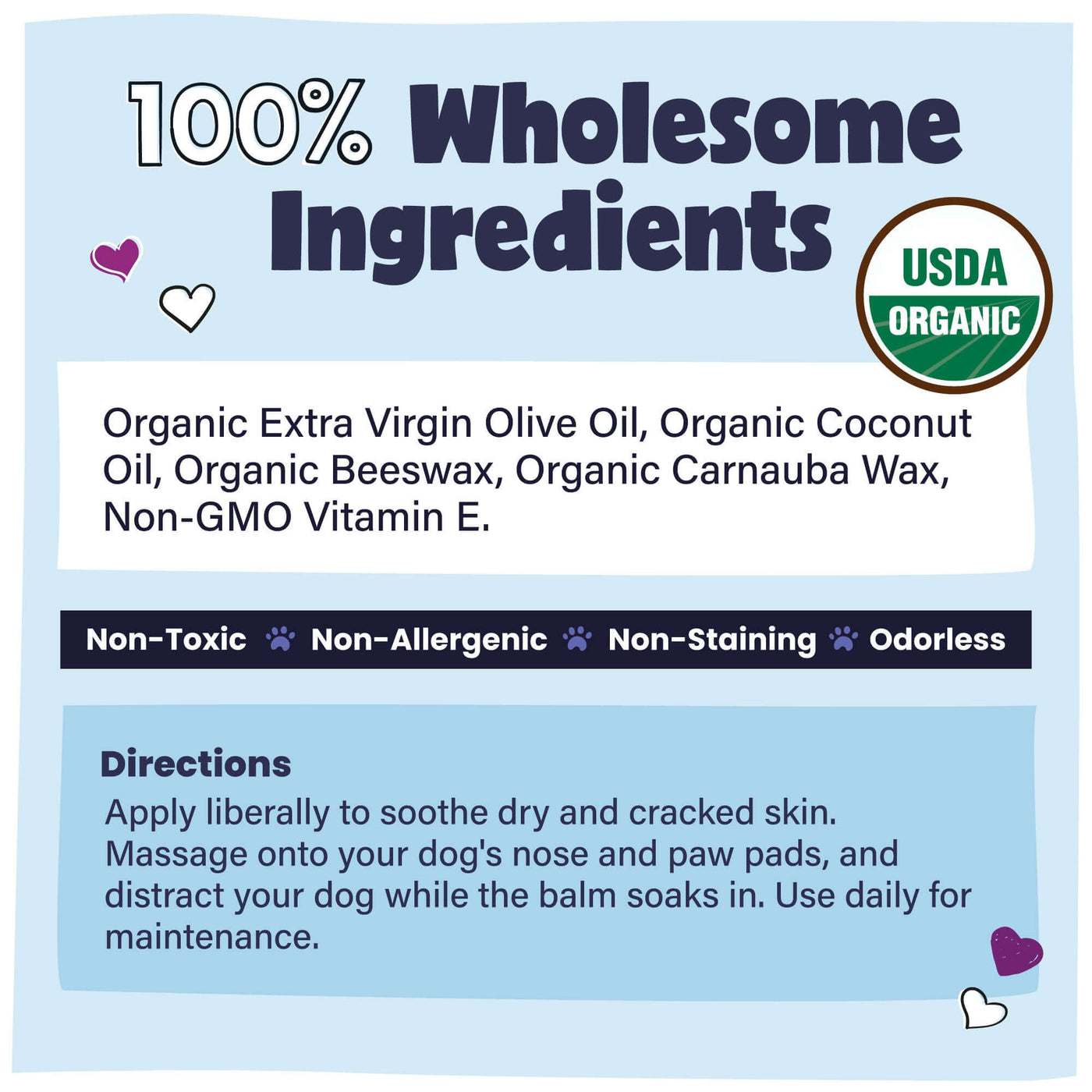 Product label with wholesome ingredients, USDA Organic certification, and usage directions on a light blue background.