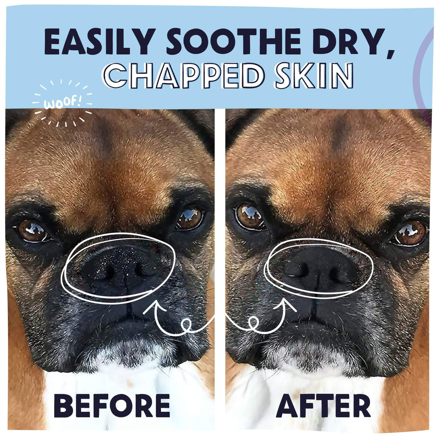 Before and after comparison of a dog's dry, chapped skin with a product application.