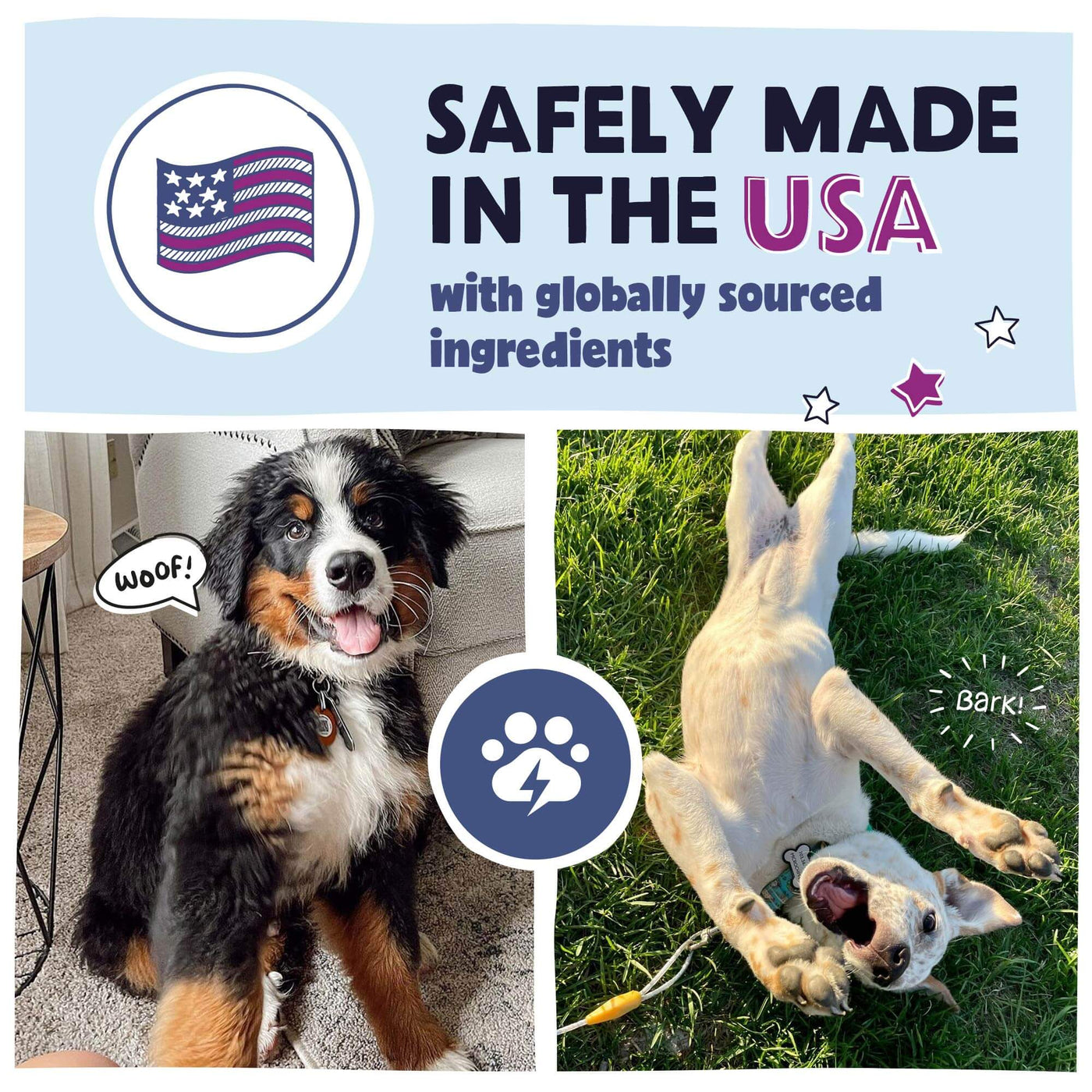 Two dogs with text about safely made in the USA, with globally sourced ingredients.