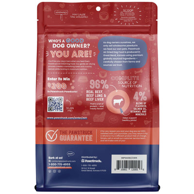 Back of red and blue bag with product information of Beef Air Dried Dog Food