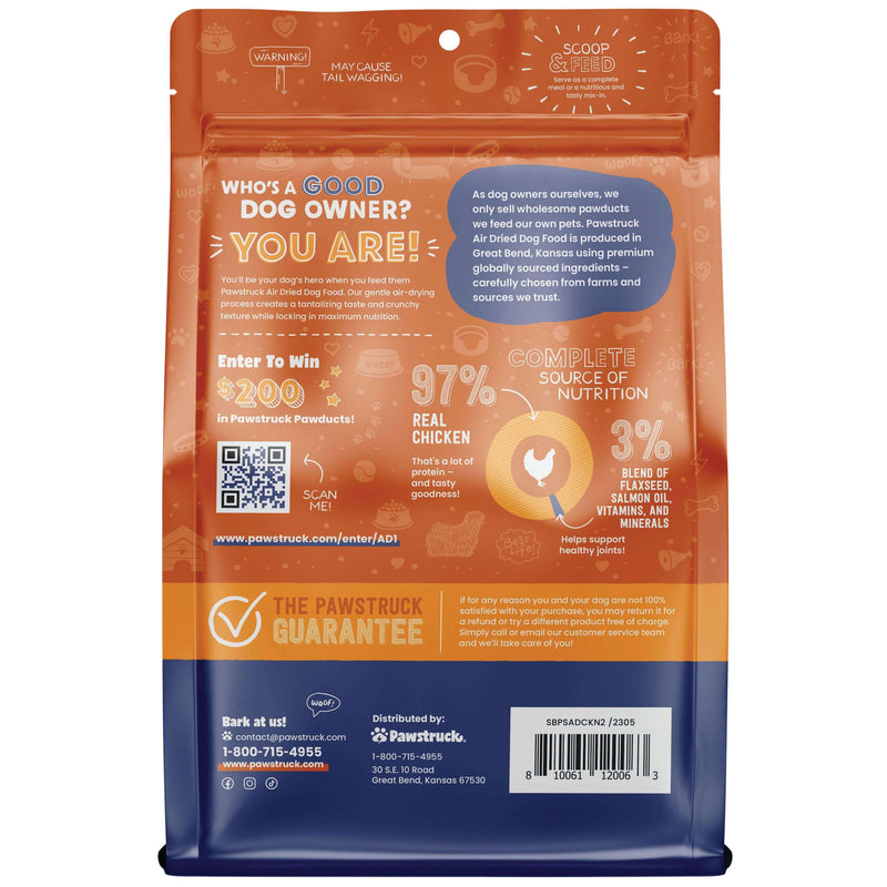 Back of orange and blue air dried dog food bag with product information