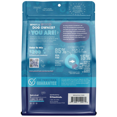 Back of blue bag of fish flavored air dried dog food with product information