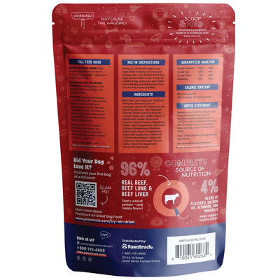 Back of red bag of air dried beef flavored dog food with product information