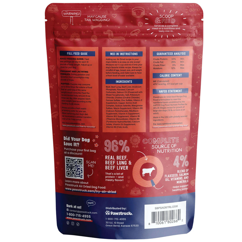Back of red bag of air dried beef flavored dog food with product information
