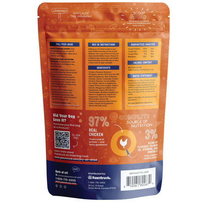 Back of orange bag of air dried chicken flavored dog food with product information